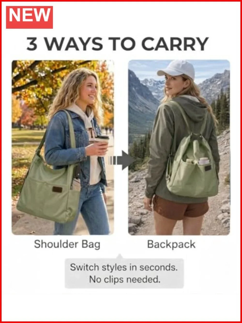 Women's 3-Way Convertible Backpack Tote Crossbody, Water-Resistant Lightweight